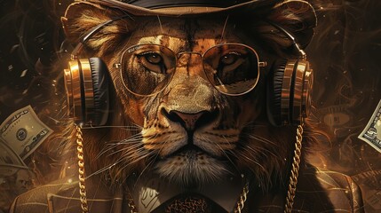 Wall Mural - Cool rich gangster boss lion with business suit and tie, sunglasses, hat, headphones, gold chain and money dollars 