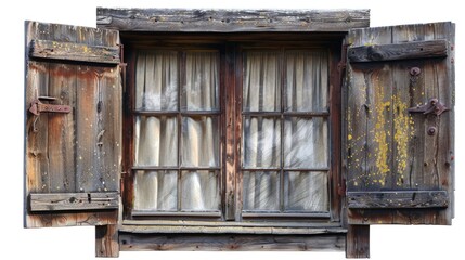 Poster - A traditional wooden window with a curtain and a window sill, perfect for use in interior design or architecture contexts