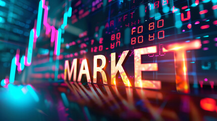 Vibrant stock market graph with glowing text Market. Illustrates financial growth, trends, and economic activity in a digital environment.