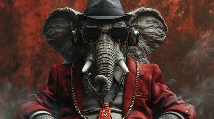 Wall Mural - Cool rich gangster boss elephant with business suit and tie, sunglasses, hat, headphones, gold chain and money dollars 