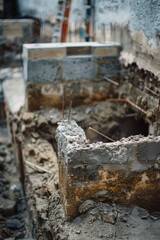 Poster - A construction site with a concrete wall and a pile of rubble