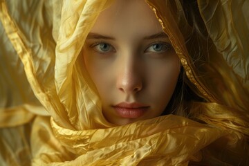 Canvas Print - A person wearing a yellow scarf over their face, concealing identity