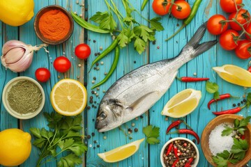 Wall Mural - Fresh fish surrounded by herbs and spices on blue wooden background