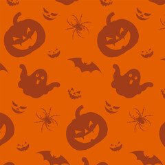 Wall Mural - Simple vector orange colored seamless pattern with jack-o-lantern and ghosts flat style