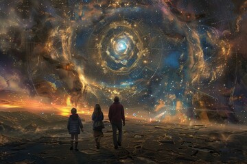 Wall Mural - group of individuals moving through a star-filled environment, a surreal depiction of a family plann
