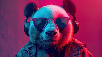 Wall Mural - Stylish panda with sunglasses and headphones on colorful background