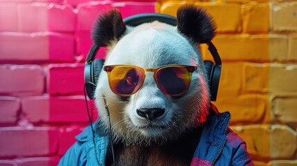 Wall Mural - Stylish panda with sunglasses and headphones on colorful background