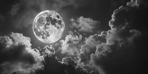 Aufkleber - A black and white photograph of the full moon in the night sky, ideal for use as a background or to add a touch of lunar atmosphere to your project