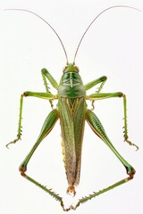 Poster - A green grasshopper sits on a white background, its details clearly visible