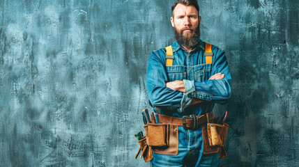 confident worker in overalls and tool belt stands against blue wall, arms crossed, ready for work