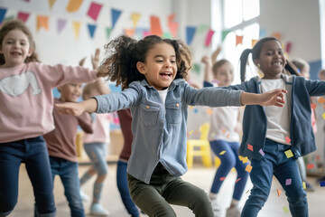 Excited children dancing and playing with confetti in a decorated room filled with colorful banners. Joyful atmosphere highlights the fun and energy of a lively party