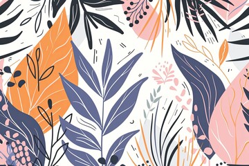 tropical leaves hand drawn doodle style on white background