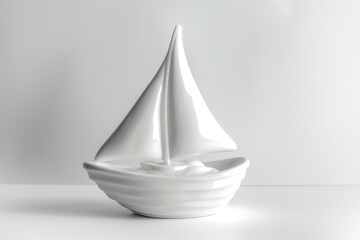 Poster - A small white sailboat sits atop a white table, ideal for decorative use or as a prop in your next photo shoot