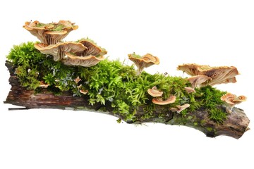 Poster - Group of mushrooms growing on top of a tree branch, great for outdoor or nature-themed illustrations
