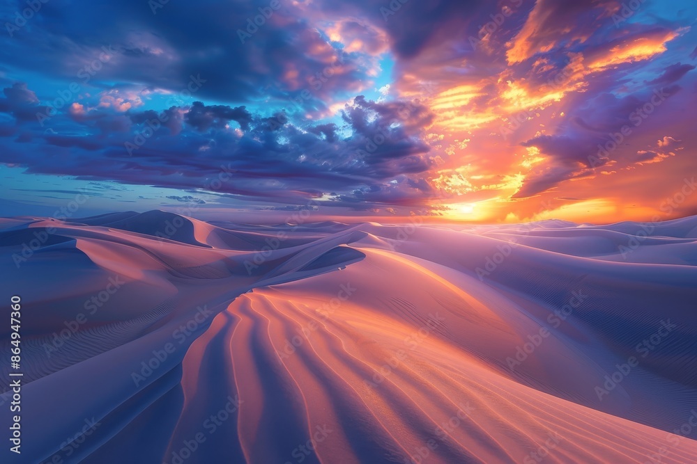 The sun slowly sets over the vast sand dunes in a surreal desert ...