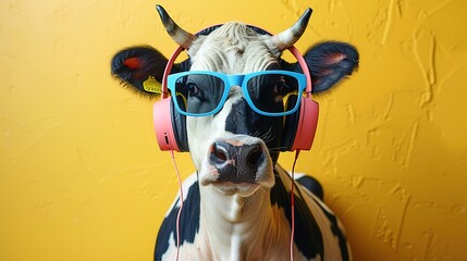 Wall Mural - Stylish cow with sunglasses and headphones on colorful background