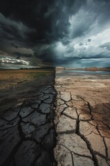 Poster - A cracked earth surface with a dark and cloudy sky in the background, suitable for use as a dramatic backdrop or atmospheric scene