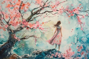 Poster - A woman stands under a tree wearing a pink dress, providing an intimate and peaceful atmosphere