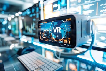 Sticker - VR headset on a desk in a modern office, illustrating the integration of virtual reality technology in professional environments for productivity and immersive experiences.