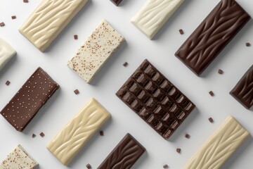 Poster - A selection of different chocolate bars arranged neatly on a white surface, ideal for use in food and product photography