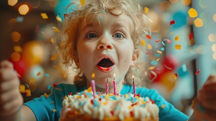 Wall Mural - A child celebrating their birthday with a colorful cake and decorations