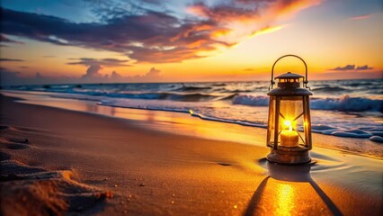 Poster - Lantern glowing on sandy beach at sunset , lantern, beach, sand, sunset, dusk, glowing, light, ocean, peaceful, relaxation