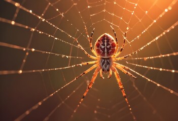 Spider hanging on a large cobweb, macro photo