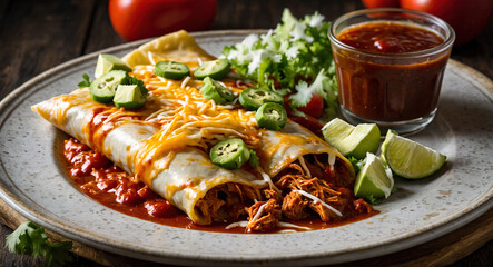 Wall Mural - Plate of homemade enchiladas with shredded chicken, smothered in red enchilada sauce and melted cheese