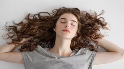 Wall Mural - A woman lying down with her eyes closed, suggesting rest and relaxation
