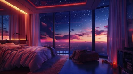 Poster - A bedroom with a view of the city skyline at night, suitable for use in travel or urban-themed projects