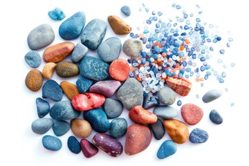 Poster - A pile of rocks and stones on a white surface, ideal for use as a decorative element or in a still life composition