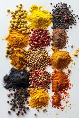 Poster - A selection of various spices spread out on a white surface, ideal for use in cooking or as a decorative prop