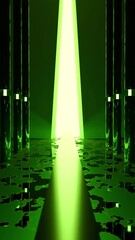 Poster - Green and orange background. Design. Light background with a long corridor that moves backwards in animation and which glows with various lamps.