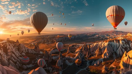 Aufkleber - Colorful hot air balloons soaring above a serene valley landscape, great for travel or adventure themes