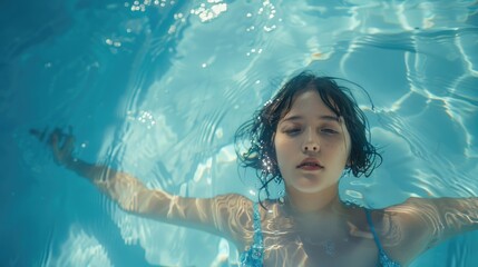 Poster - A young girl wearing a blue bikini swims in a pool, suitable for use in advertising, editorial or personal projects