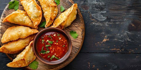 Wall Mural - Spicy Korean Fried Dumplings Served on a Rustic Wooden Board. Concept Korean Cuisine, Spicy Dumplings, Food Presentation, Rustic Dining, Culinary Art