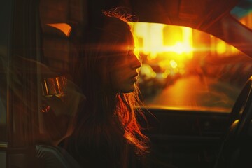Poster - A woman sits comfortably in the passenger seat of a car, possibly on her daily commute or going for a drive