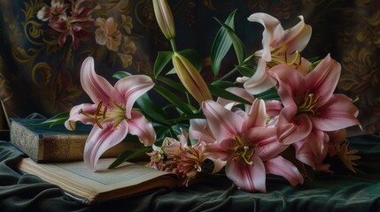 Aufkleber - A bouquet of pink flowers sits atop an open book, perfect for adding a touch of elegance to any scene or design