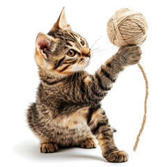 cat playing ball wool isolated on white background
