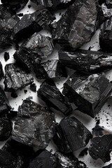 Poster - A collection of dark rocks placed on a clean white surface, suitable for use as a decorative element or in a still life composition