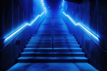 Poster - A staircase illuminated by neon lights, suitable for use in nightlife, party or entertainment concepts