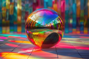 Poster - A single shiny ball sitting on a decorative tile floor, suitable for use in still life or product photography