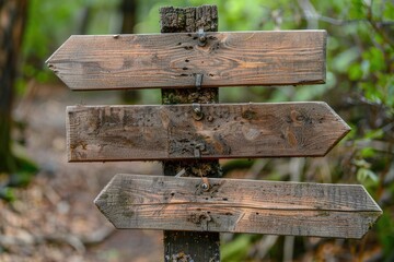 Poster - A collection of wooden signs pointing in various directions in a woodland setting, perfect for outdoor adventures and explorations