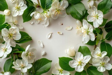 Aufkleber - A beautiful arrangement of white flowers on green leaves against a white background