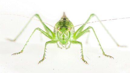 Poster - A close-up shot of a grasshopper sitting on a white surface, with its body and legs visible