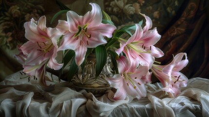 Poster - A decorative vase filled with fresh pink flowers placed on a table, ideal for various uses such as home decor, gift giving or event decoration