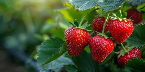 Wall Mural - Strawberries growing on vines with green leaves in the background. Concept Strawberry Plant, Fresh Fruit, Healthy Living, Organic Farming, Gardening Techniques