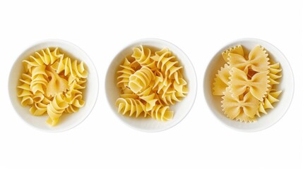 Poster - Freshly cooked pasta in various colors served in three bowls on a white surface, ideal for food photography or lifestyle images