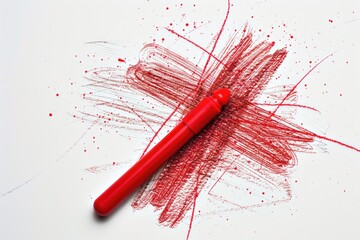 Poster - A bright red crayon marker lying on a clean white surface, ideal for illustrations and designs