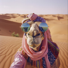 Wall Mural - Close-up portrait of camel wearing sunglasses and taking selfie in the desert